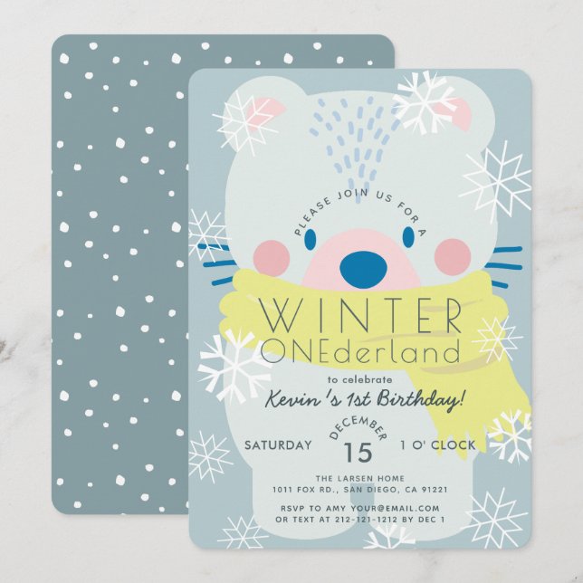 Polar Bear Winter Onederland Blue 1st Birthday Invitation (Front/Back)