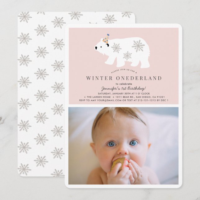 Polar Bear Winter Onederland Photo pk 1st Birthday Invitation (Front/Back)