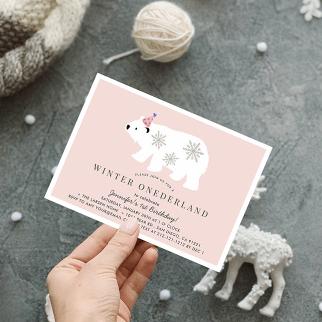 Polar Bear Winter Onederland Pink 1st Birthday Invitation (Creator Uploaded)