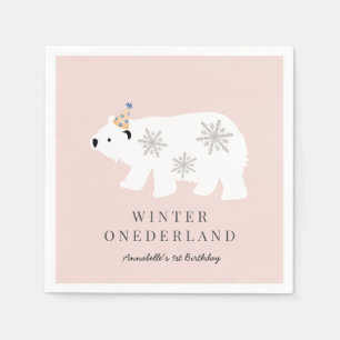 Polar Bear Winter Onederland Pink 1st Birthday Napkin