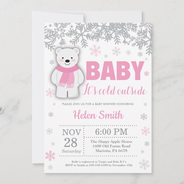 Polar Bear Winter Pink Girl Baby Shower Snowflake Invitation (Front)
