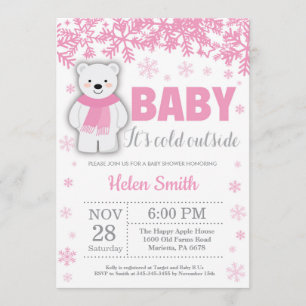 Polar Bear Winter Pink Girl Baby Shower Snowflake Invitation