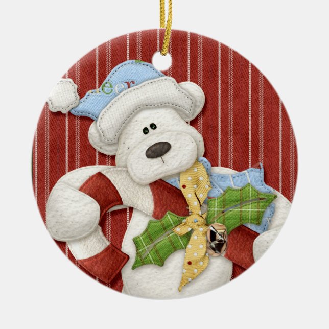 Polar Bear With Candy Cane Holiday Ornament (Front)