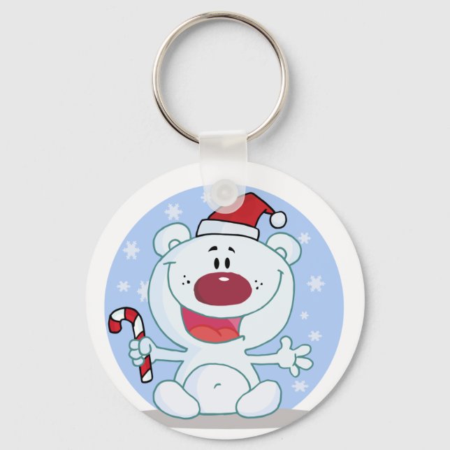 Polar  Bear With Candy Cane Holiday Tshirts Keychain (Front)