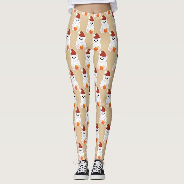 Polar bear with Christmas ornament pattern beige Leggings (Front)