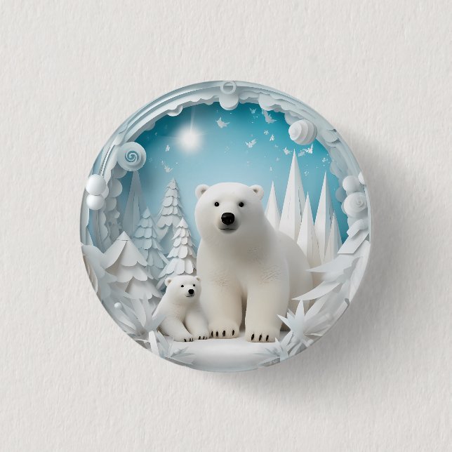 Polar Bear with Cub Arctic Ocean White Winter 1 Inch Round Button (Front)