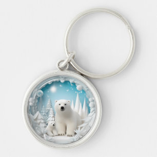 Polar Bear with Cub Arctic Ocean White Winter Keychain
