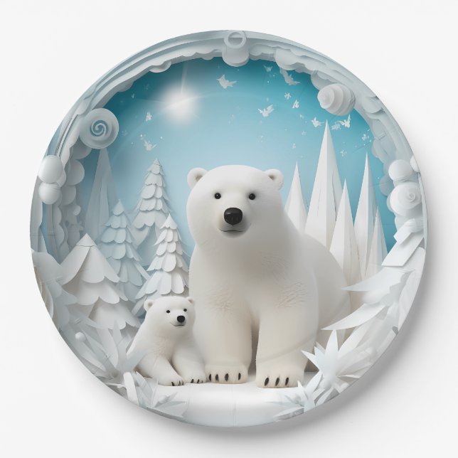 Polar Bear with Cub Arctic Ocean White Winter Paper Plate (Front)