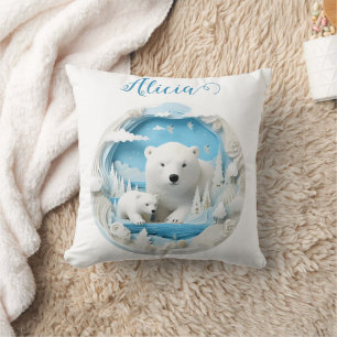 Polar Bear with Cub Arctic Ocean White Winter Throw Pillow