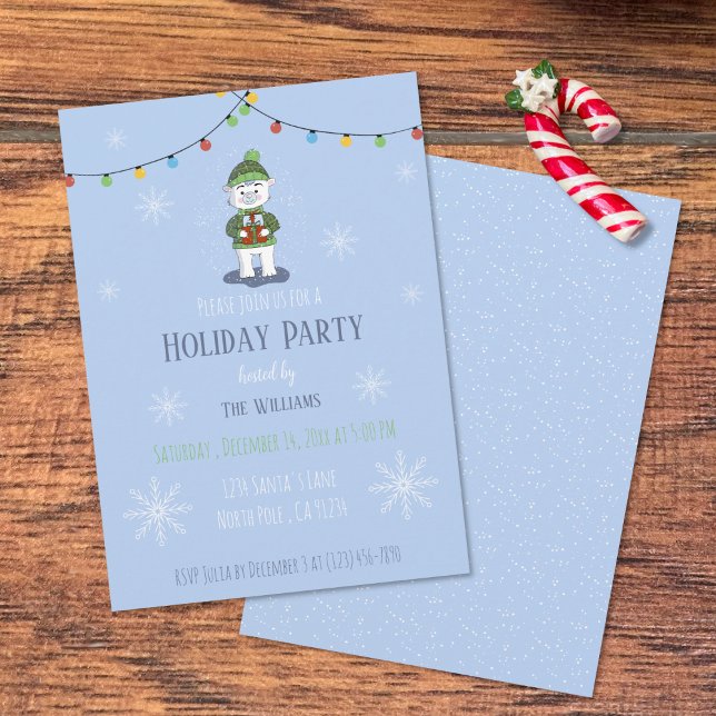 Polar Bear with Gifts Holiday Party Invitation (Cute polar bear with gifts blue Holiday party invitation .
)