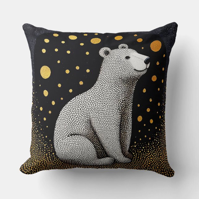 Polar Bear with Gold on Black Background Throw Pillow (Front)