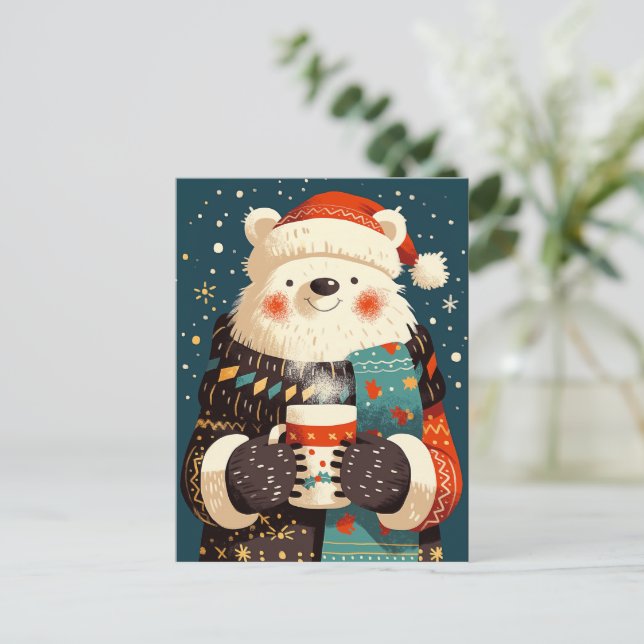 Polar Bear with Hot Chocolate Mug Holiday Postcard (Standing Front)