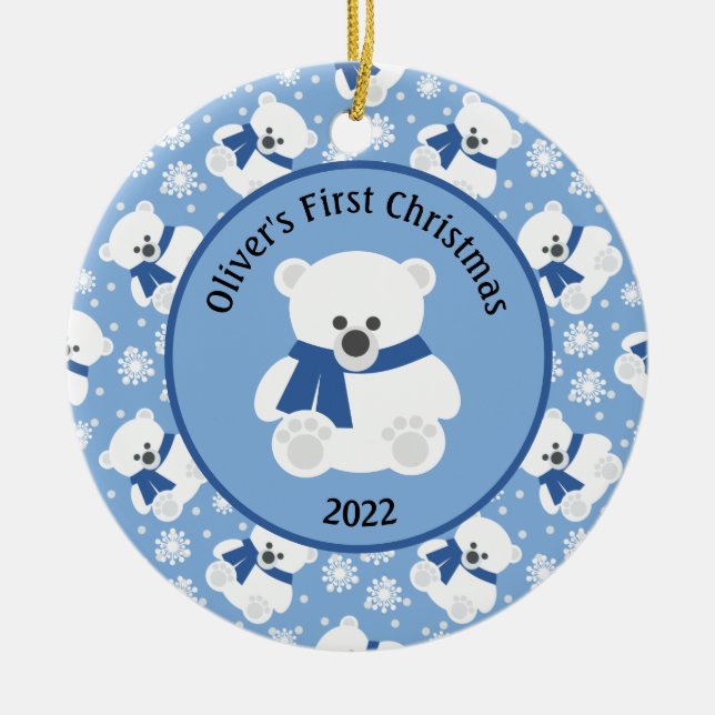 Polar Bear with Navy Blue Scarf and Snowflakes  Ceramic Ornament (Front)