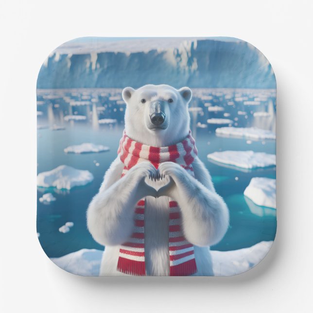 Polar Bear With Paws Forming a Heart Paper Plate (Front)