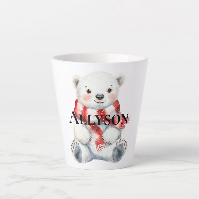 Polar Bear with Peppermint Red White Scarf Latte Mug (Front)