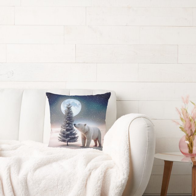 Polar Bear With Pine Tree Throw Pillow (Couch)