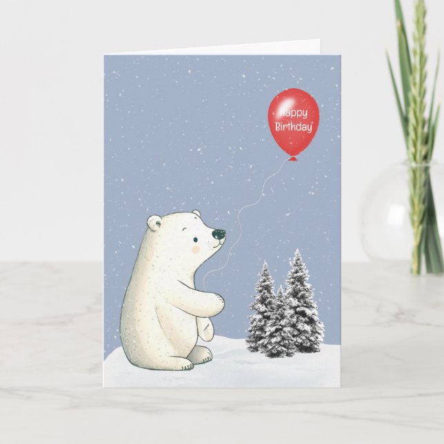 Polar Bear With Red Birthday Balloon Card (Front)