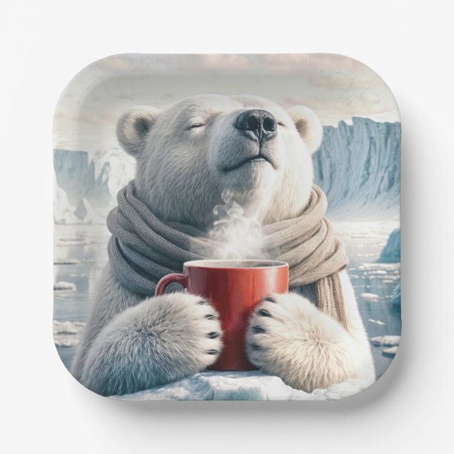 Polar Bear With Red Coffee Mug Paper Plate (Front)