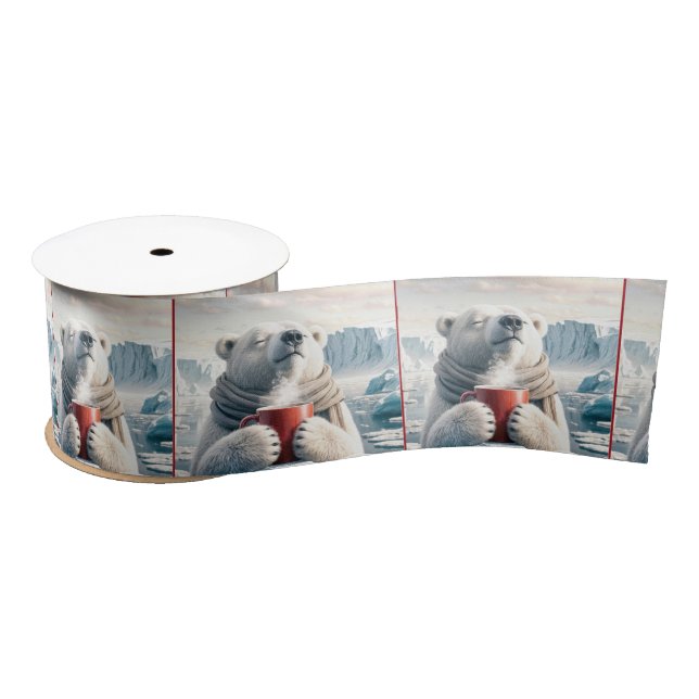 Polar Bear With Red Coffee Mug Satin Ribbon (Spool)