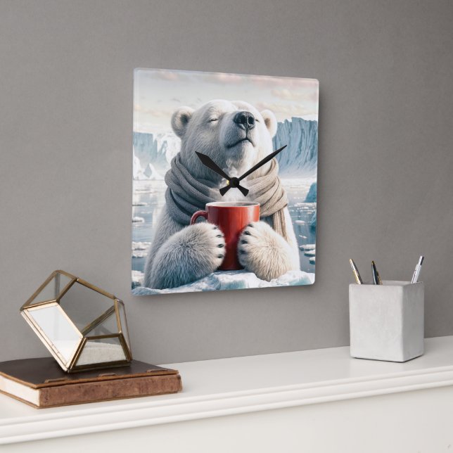 Polar Bear With Red Coffee Mug Square Wall Clock (Office)