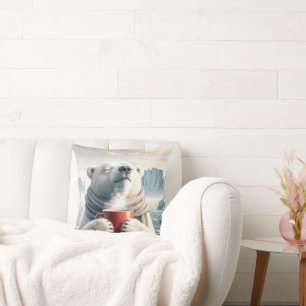 Polar Bear With Red Coffee Mug Throw Pillow