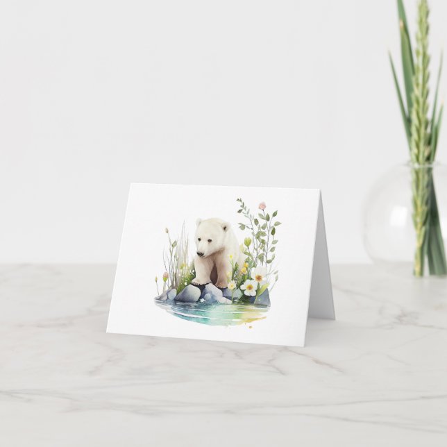 Polar Bear with Rocks, Water, and Flowers BLANK  Card (Front)