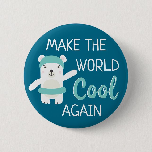 Polar bear with swim ring stop global warming 2 inch round button (Front)