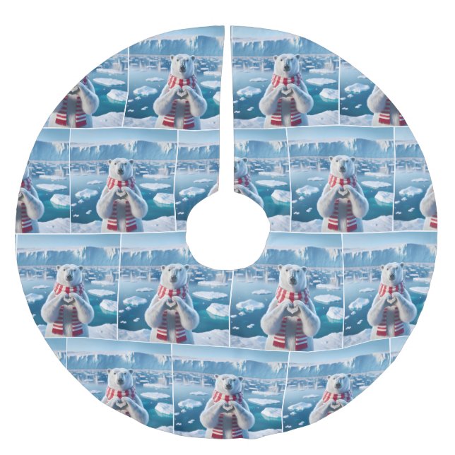 Polar Bear With Winter Scarf and Heart Brushed Polyester Tree Skirt (Front)