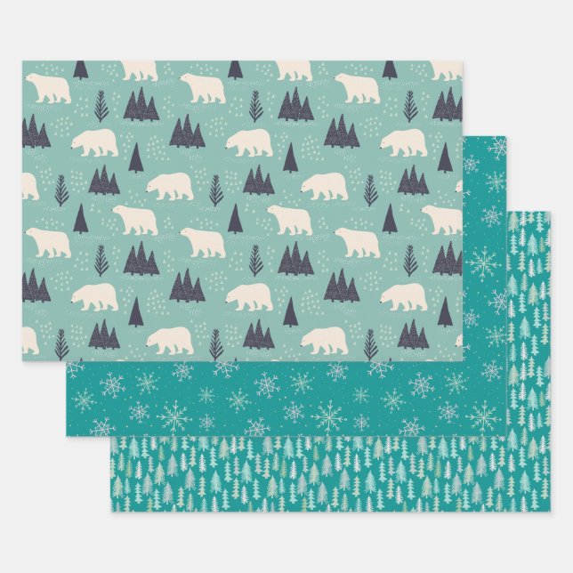 Polar Bears and Forest Bundle: Teal Blue Wrapping Paper Sheet (Set)