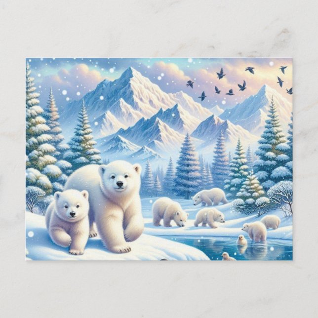 Polar Bears and Snowy Winter Scene Painting Postcard (Front)