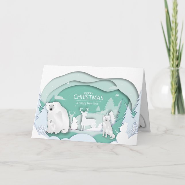 Polar Bears and White Wolf Merry Xmas Winter Scene Holiday Card (Front)