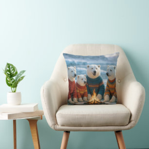 Polar Bears Around a Bonfire Throw Pillow