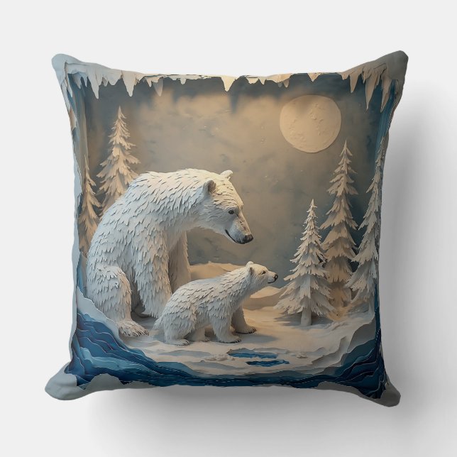Polar Bears Blue Arctic Forest Scene 🐻‍❄️ Throw Pillow (Front)