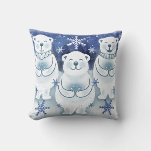 Polar Bears Cute Happy Winter Snowflakes Throw Pillow