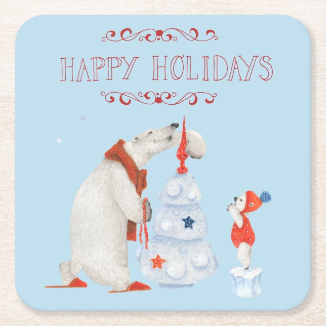 Polar Bears Decorating Tree Square Paper Coaster (Front)