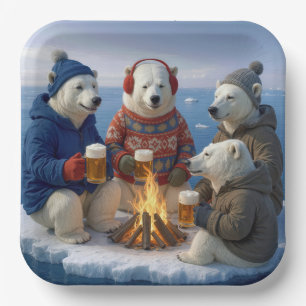 Polar Bears Drinking Around a Campfire  Paper Plate