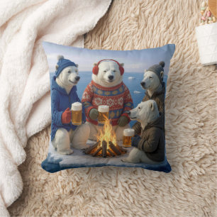 Polar Bears Drinking Beer Around a Campfire  Throw Pillow
