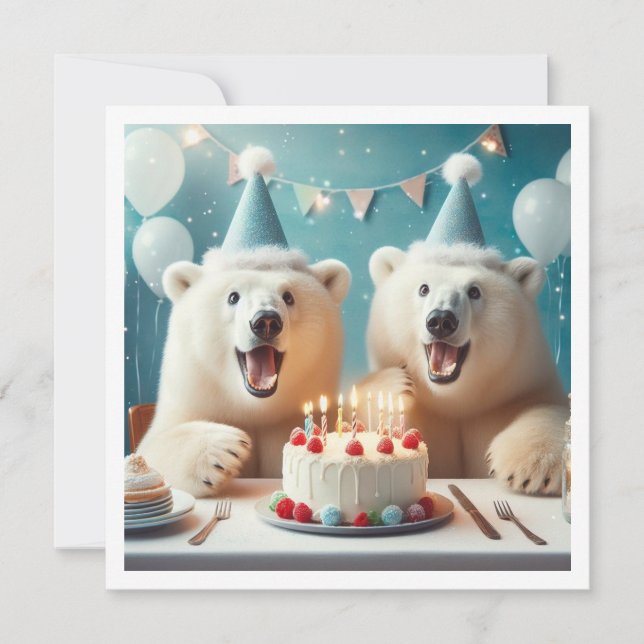 Polar bears eating cake, bear birthday invitation (Front)