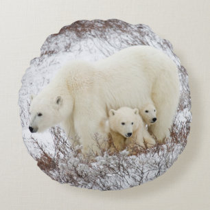 Polar Bears female and Two cubs Round Pillow