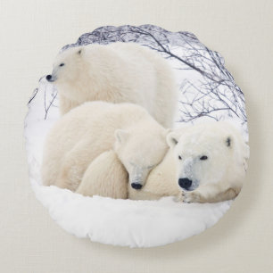 Polar Bears female and Two cubs Round Pillow