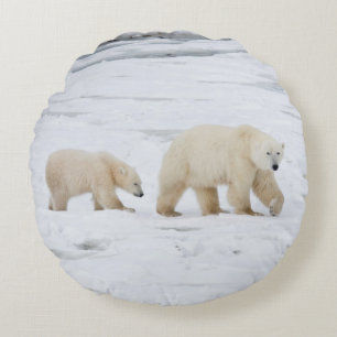 Polar Bears female and Two cubs Round Pillow