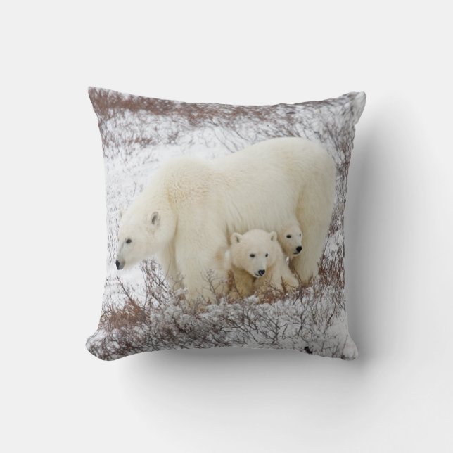 Polar Bears female and Two cubs Throw Pillow (Front)