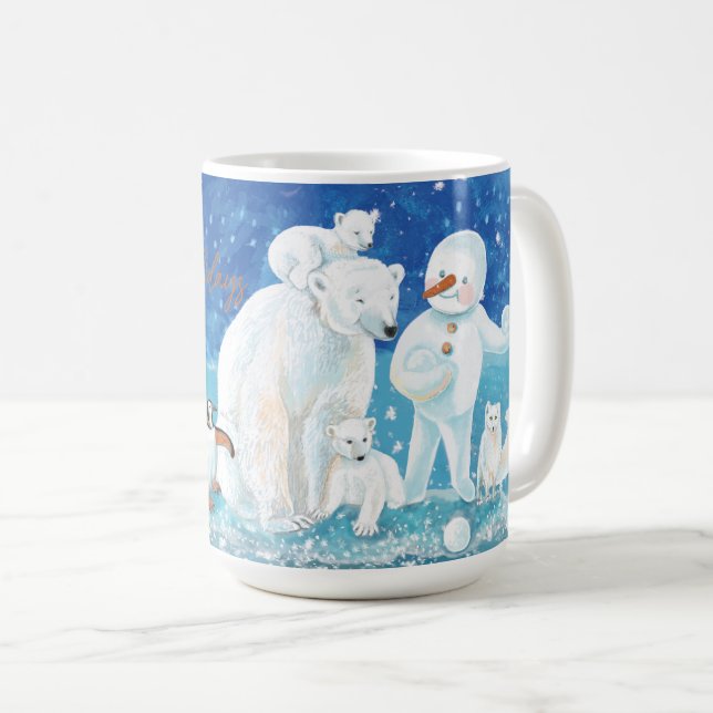 Polar Bears, Fox, Penguin & Snowman Happy Coffee Mug (Front Right)