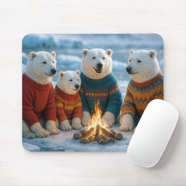 Polar Bears Gathering Around a Bonfire Mouse Pad (With Mouse)