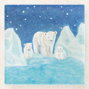Polar Bears Illustration Glass Coaster