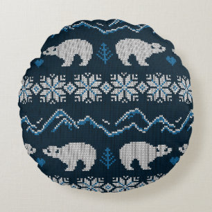 Polar Bears Knitted Winter Pattern Round Pillow