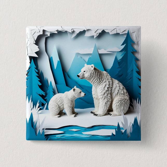 Polar Bears Papercraft Scene in Blue Arctic Forest 2 Inch Square Button (Front)