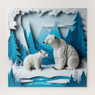 Polar Bears Papercraft Scene in Blue Arctic Forest Jigsaw Puzzle