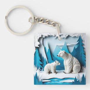 Polar Bears Papercraft Scene in Blue Arctic Forest Keychain