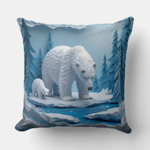 Polar Bears Papercraft Scene in Blue Arctic Forest Throw Pillow